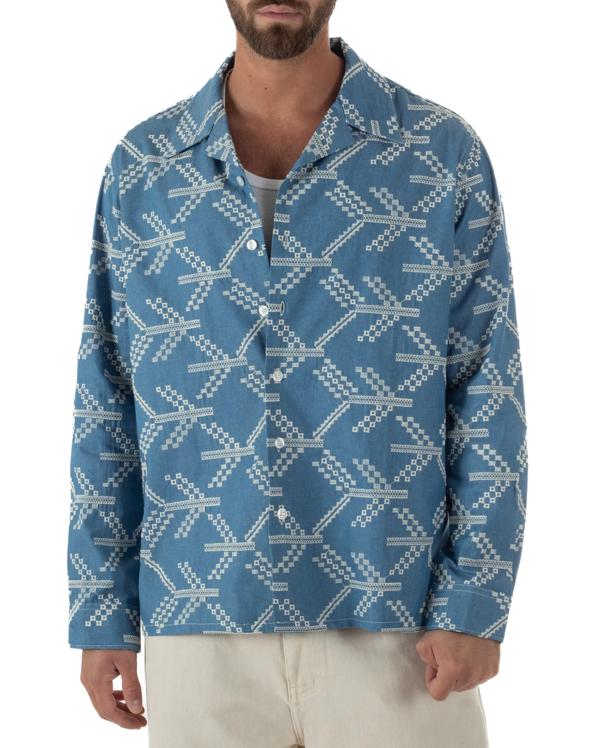 Camicia uomo ricamata allover colletto denim BERNA M-261369