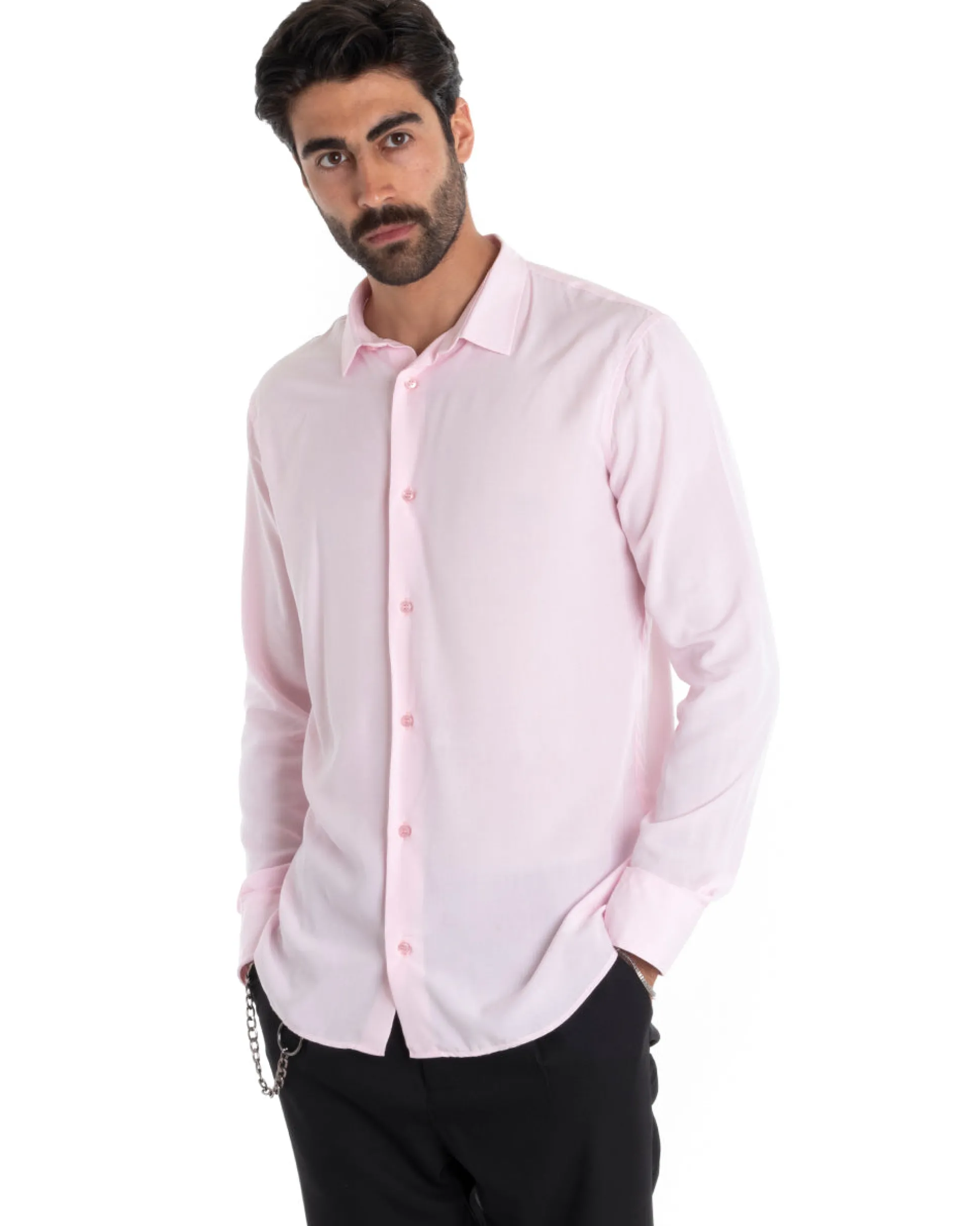 Camicia Uomo Sartoriale Con Colletto Maniche Lunghe Basic Viscosa Morbida Rosa GIOSAL-C2363A