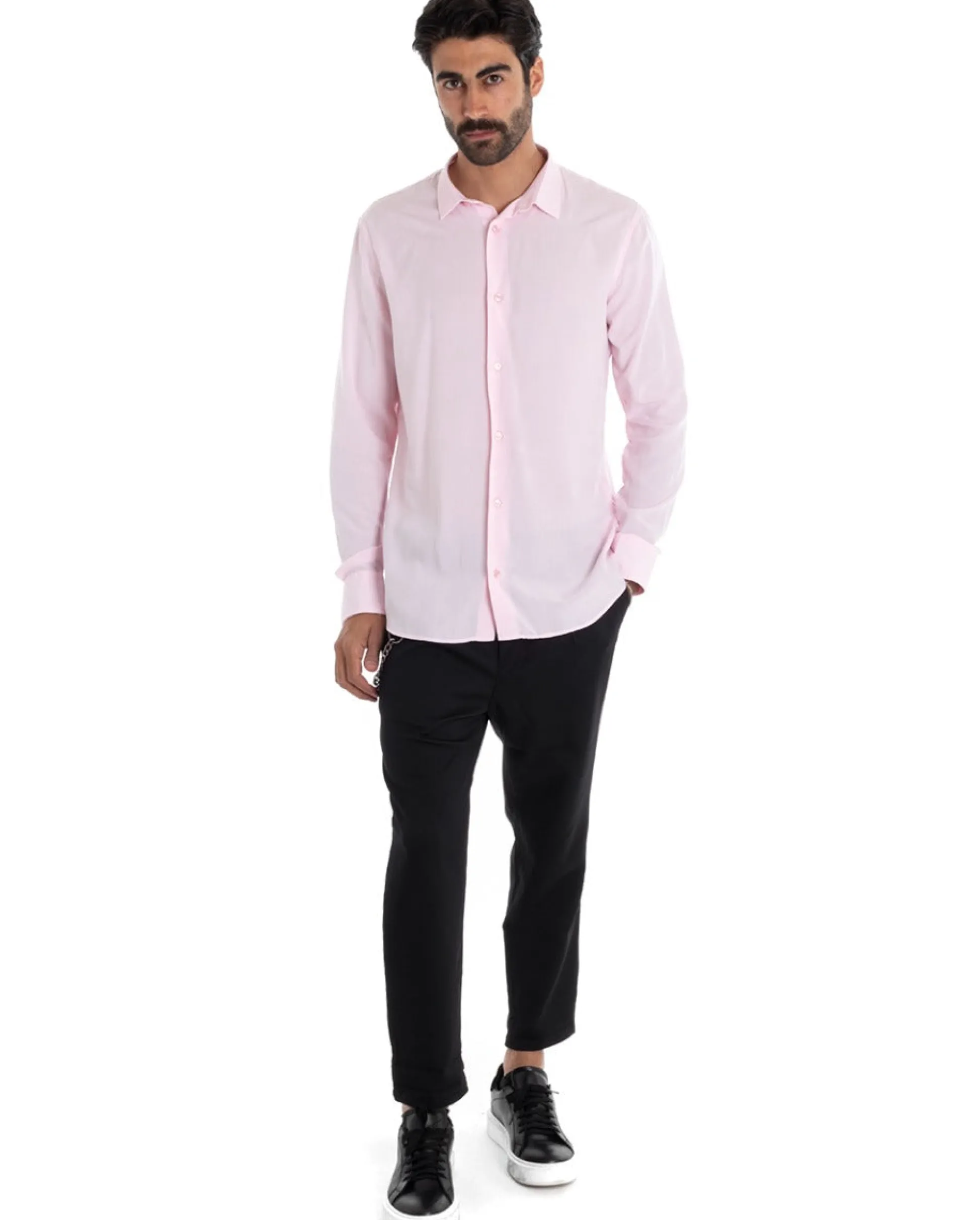 Camicia Uomo Sartoriale Con Colletto Maniche Lunghe Basic Viscosa Morbida Rosa GIOSAL-C2363A