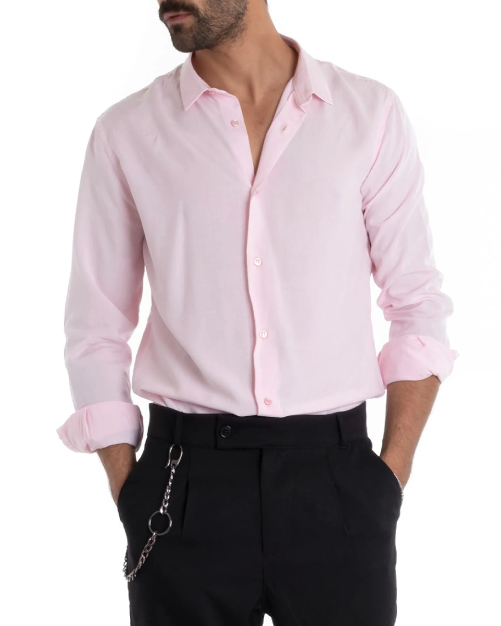 Camicia Uomo Sartoriale Con Colletto Maniche Lunghe Basic Viscosa Morbida Rosa GIOSAL-C2363A