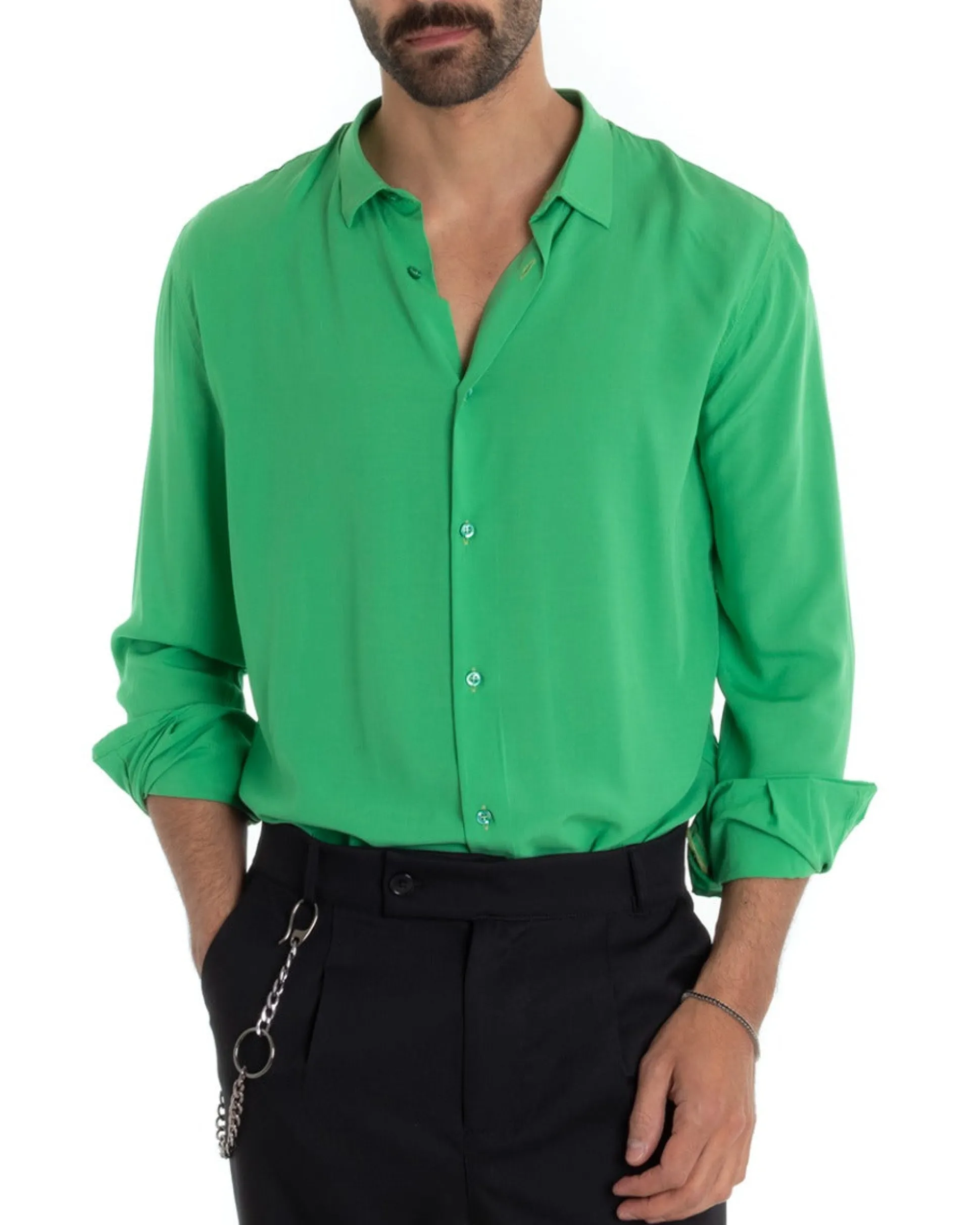Camicia Uomo Sartoriale Con Colletto Maniche Lunghe Basic Viscosa Morbida Verde GIOSAL-C2365A