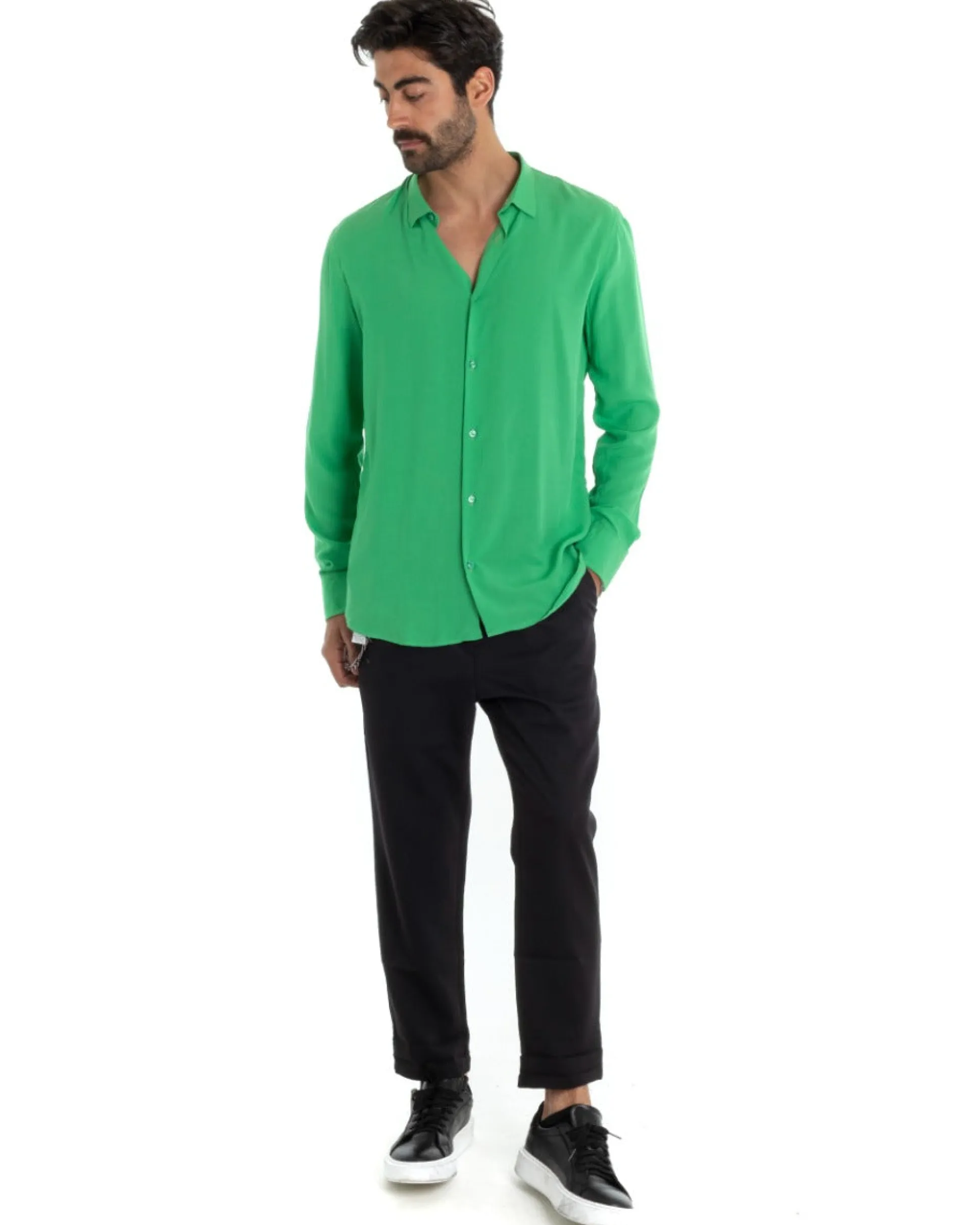 Camicia Uomo Sartoriale Con Colletto Maniche Lunghe Basic Viscosa Morbida Verde GIOSAL-C2365A