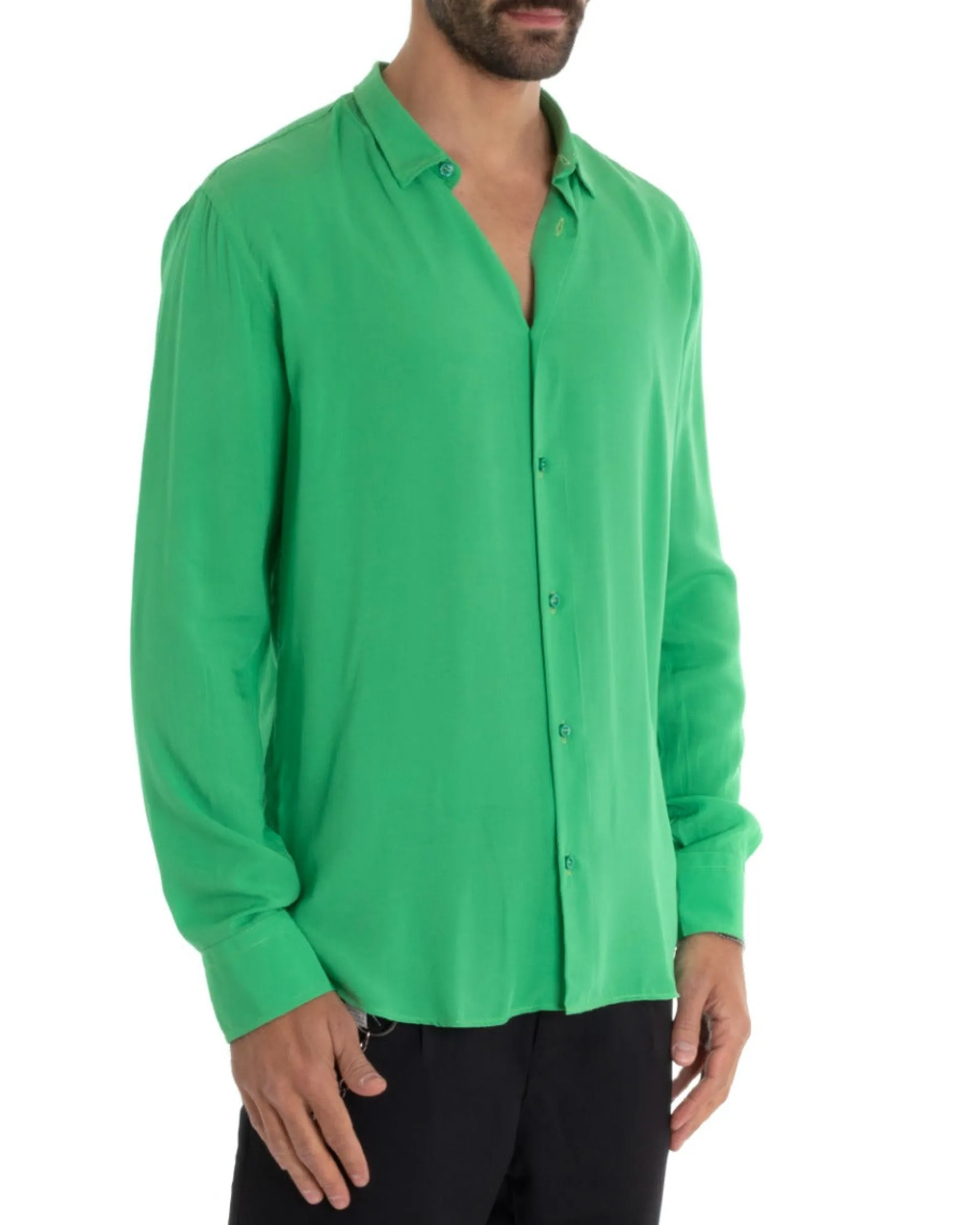 Camicia Uomo Sartoriale Con Colletto Maniche Lunghe Basic Viscosa Morbida Verde GIOSAL-C2365A