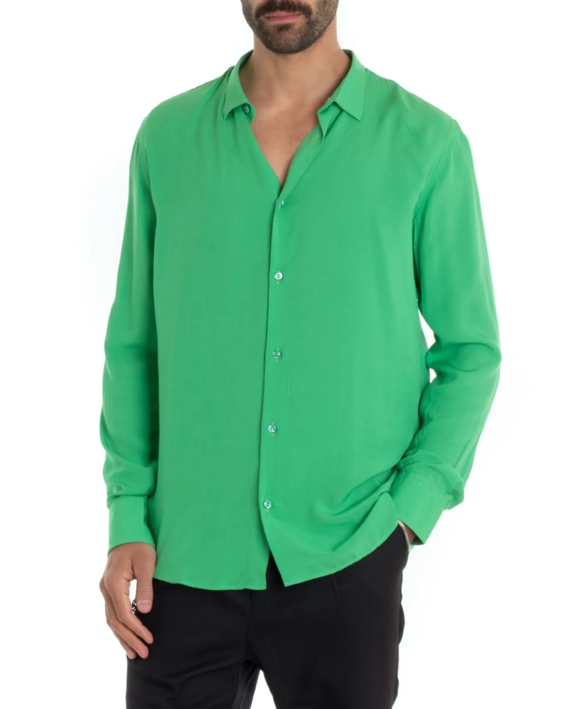 Camicia Uomo Sartoriale Con Colletto Maniche Lunghe Basic Viscosa Morbida Verde GIOSAL-C2365A