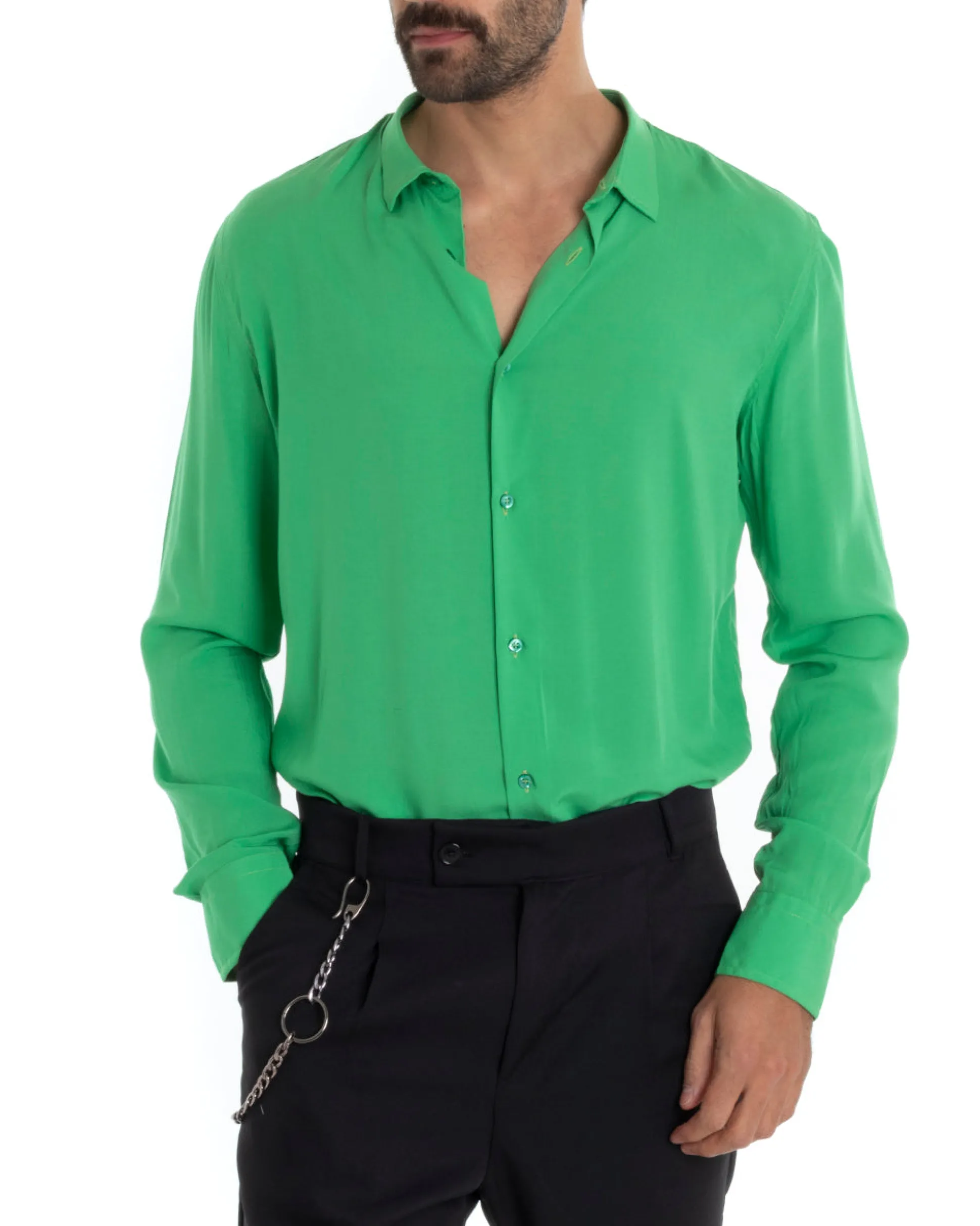 Camicia Uomo Sartoriale Con Colletto Maniche Lunghe Basic Viscosa Morbida Verde GIOSAL-C2365A