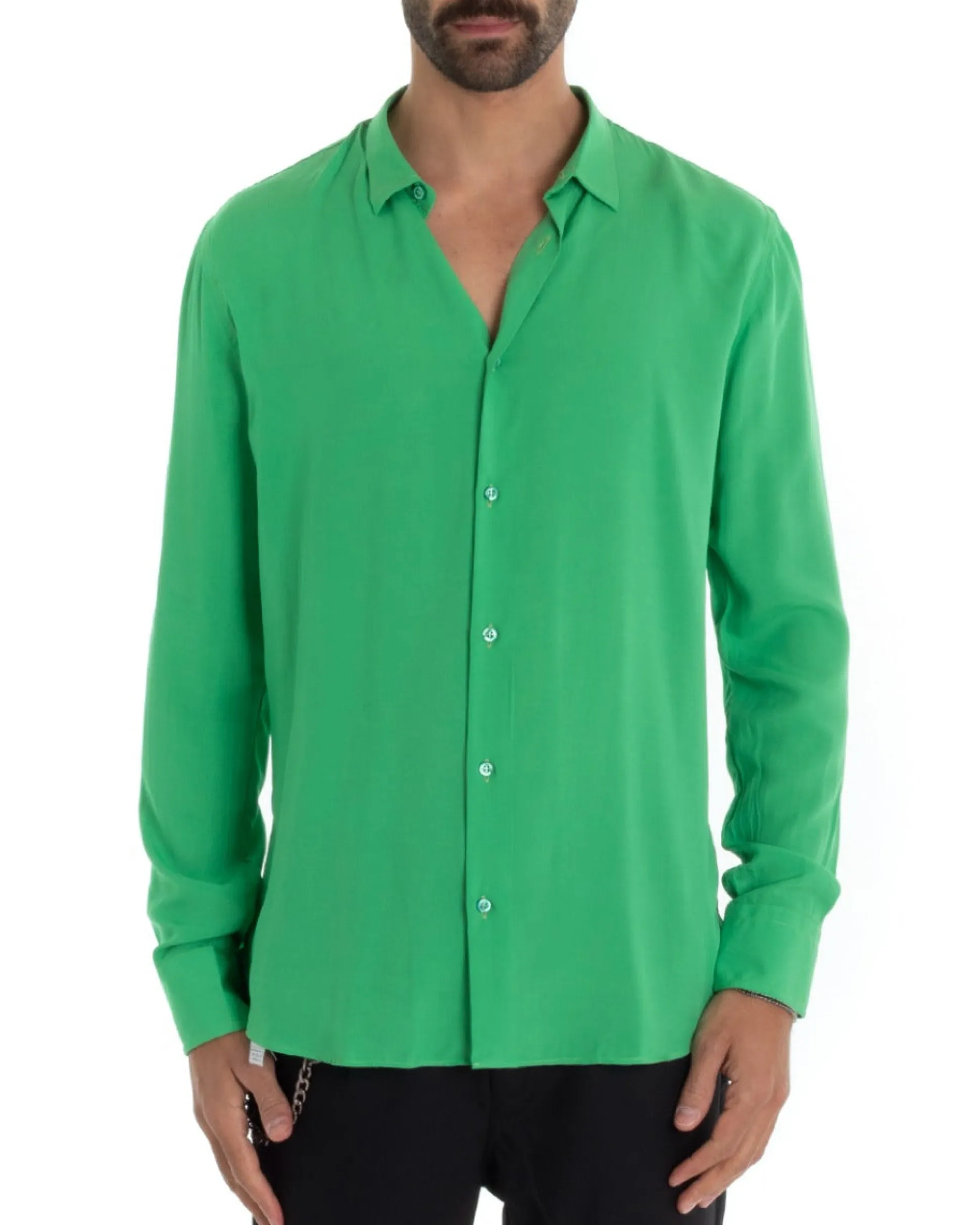 Camicia Uomo Sartoriale Con Colletto Maniche Lunghe Basic Viscosa Morbida Verde GIOSAL-C2365A