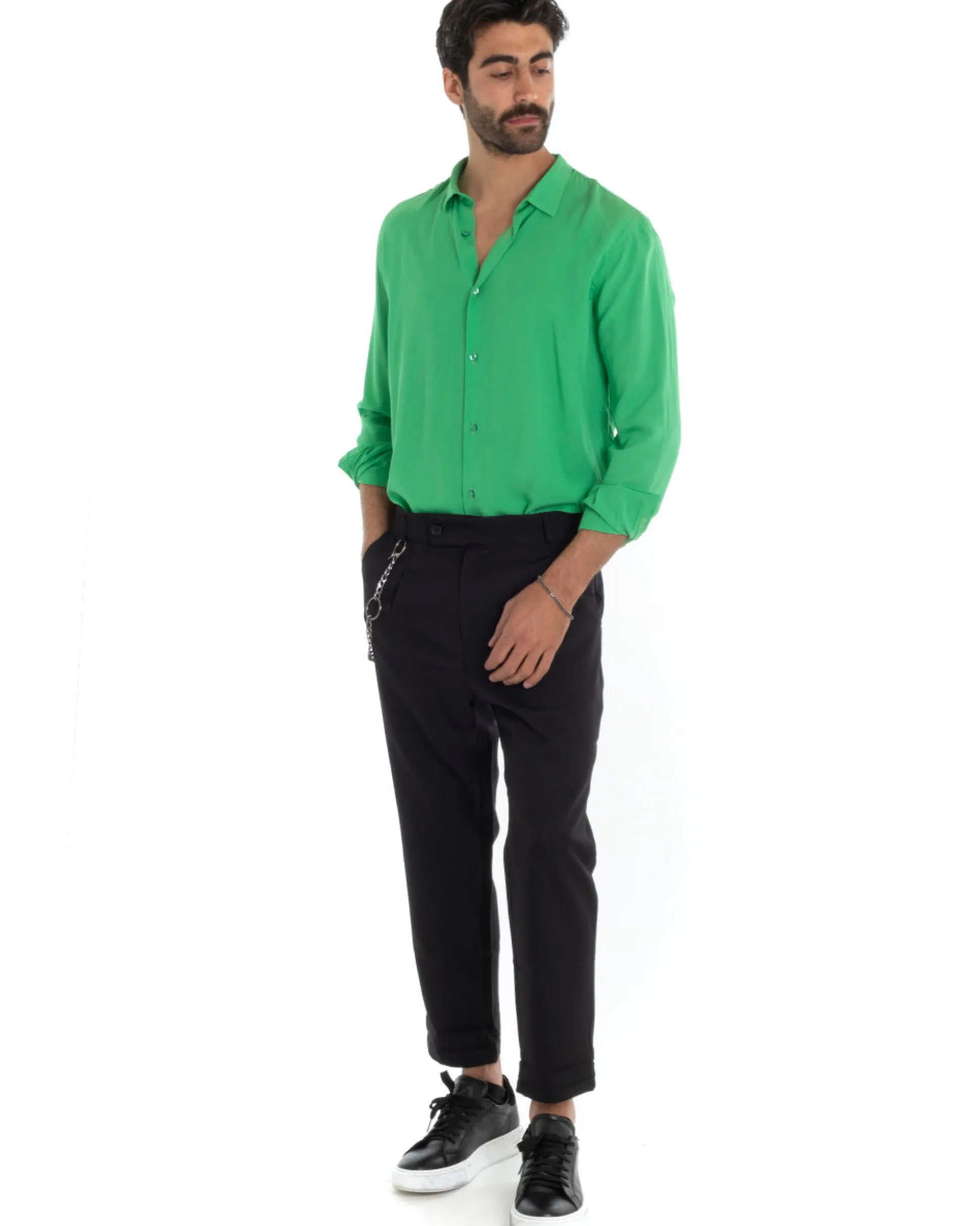 Camicia Uomo Sartoriale Con Colletto Maniche Lunghe Basic Viscosa Morbida Verde GIOSAL-C2365A