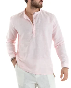 Camicia Uomo Serafino Casacca Manica Lunga Lino Tinta Unita Sartoriale Rosa GIOSAL-C2819A