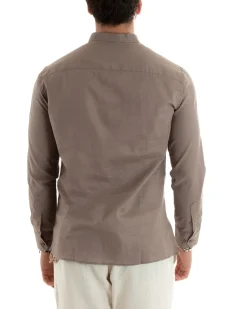 Camicia Uomo Serafino Casacca Maniche Lunghe Lino Tinta Unita Sartoriale Fango GIOSAL-C2807A