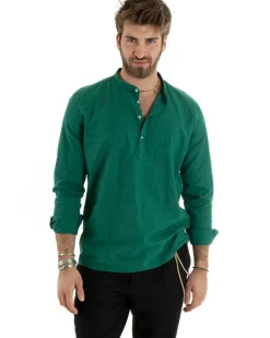 Camicia Uomo Serafino Casacca Maniche Lunghe Lino Tinta Unita Sartoriale Verde GIOSAL-C2813A