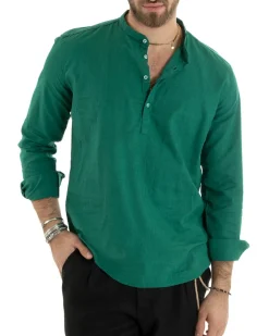 Camicia Uomo Serafino Casacca Maniche Lunghe Lino Tinta Unita Sartoriale Verde GIOSAL-C2813A