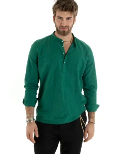 Camicia Uomo Serafino Casacca Maniche Lunghe Lino Tinta Unita Sartoriale Verde GIOSAL-C2813A