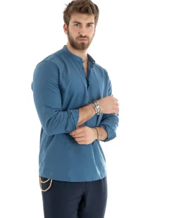 Camicia Uomo Serafino Casacca Maniche Lunghe Lino Tinta Unita Sartoriale Avio GIOSAL-C2809A
