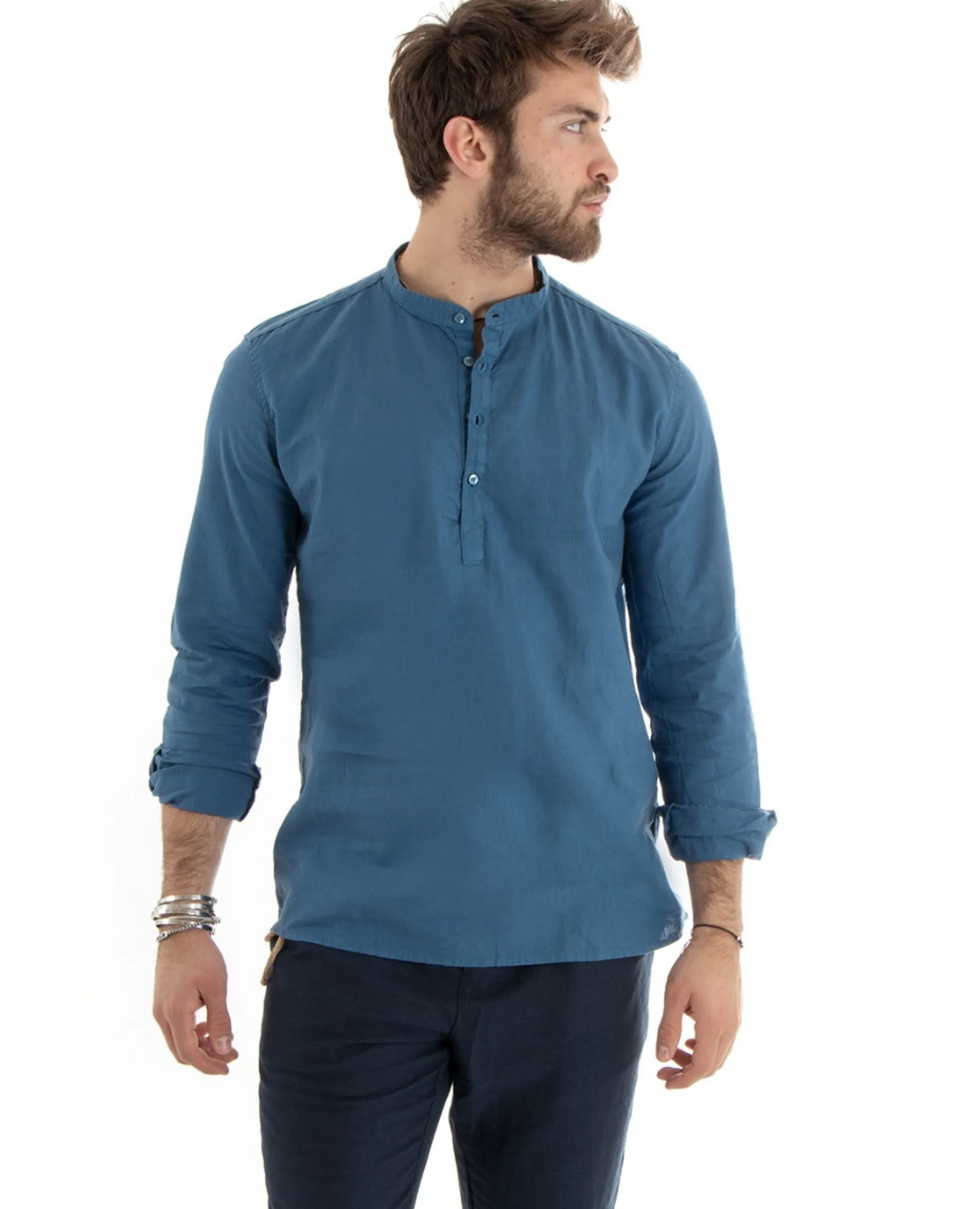 Camicia Uomo Serafino Casacca Maniche Lunghe Lino Tinta Unita Sartoriale Avio GIOSAL-C2809A