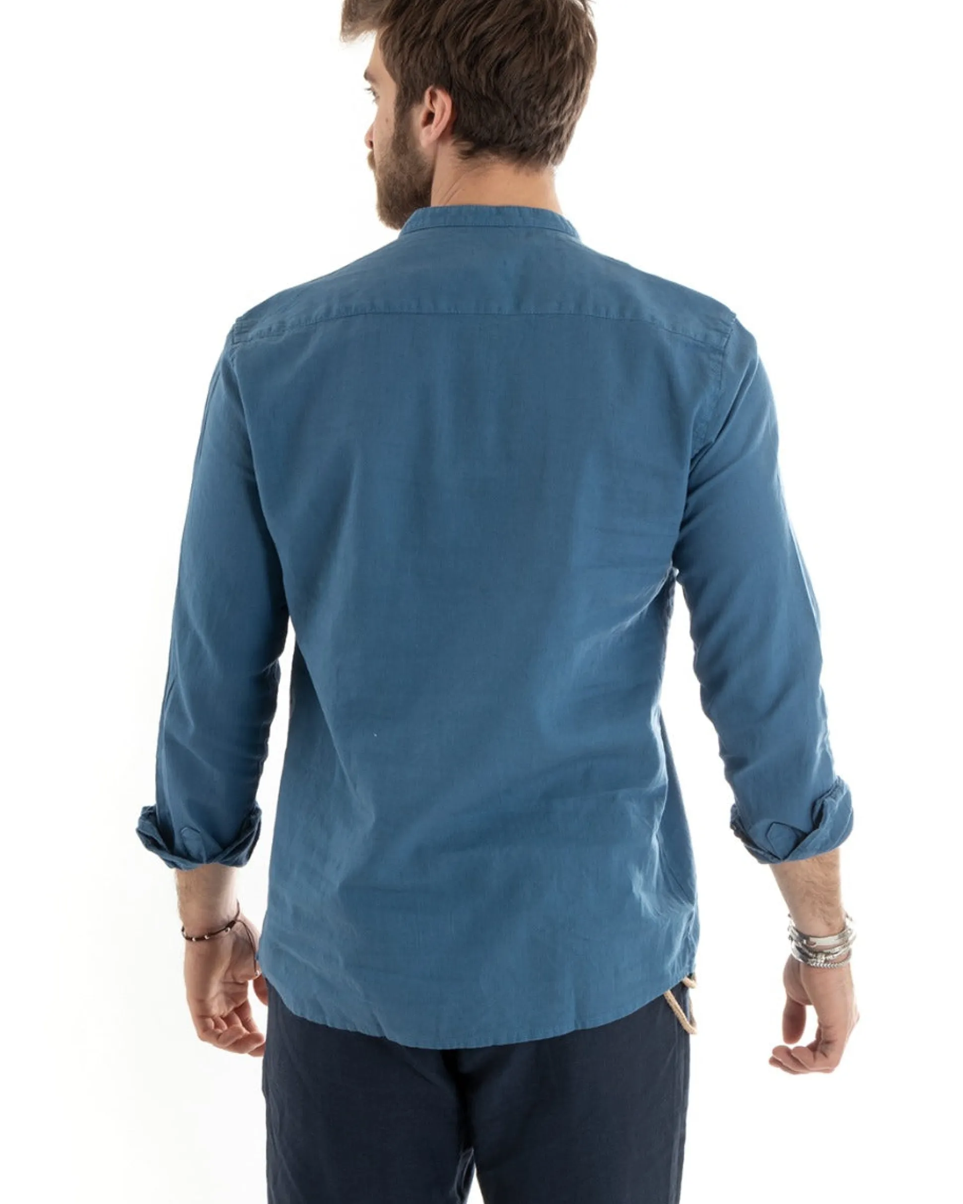 Camicia Uomo Serafino Casacca Maniche Lunghe Lino Tinta Unita Sartoriale Avio GIOSAL-C2809A