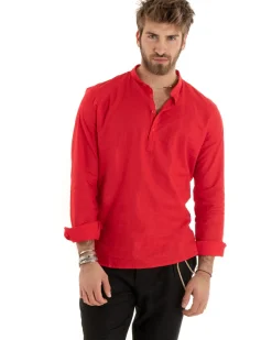 Camicia Uomo Serafino Casacca Maniche Lunghe Lino Tinta Unita Sartoriale Rosso GIOSAL-C2814A