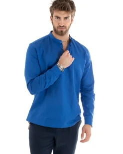 Camicia Uomo Serafino Casacca Maniche Lunghe Lino Tinta Unita Sartoriale Blu Royal GIOSAL-C2810A
