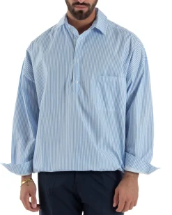 Camicia uomo serafino colletto crop rigata boxy fit tasca celeste GIOSAL-C3083A