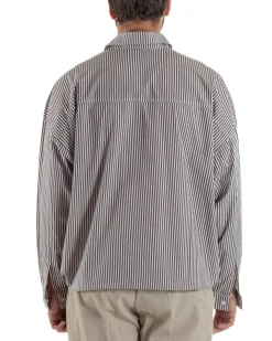 Camicia uomo serafino colletto crop rigata boxy fit tasca marrone GIOSAL-C3084A