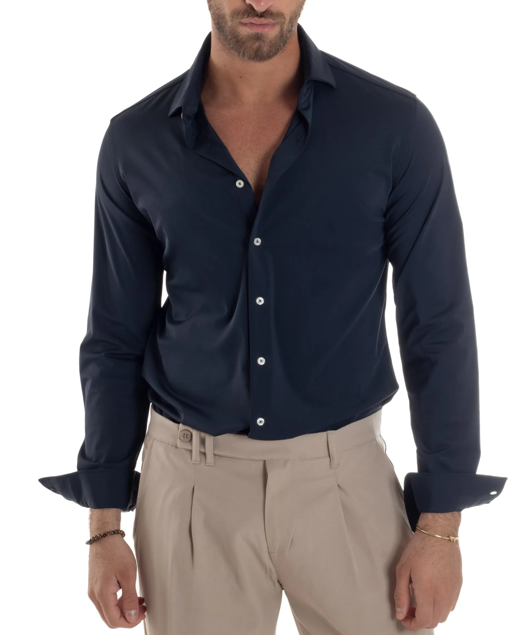 Camicia Uomo Tessuto No Stiro Basic Colletto Semi-Francese Slim Fit Morbida Blu C2963A