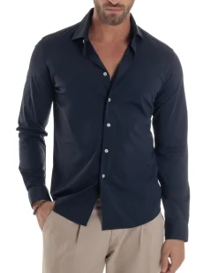 Camicia Uomo Tessuto No Stiro Basic Colletto Semi-Francese Slim Fit Morbida Blu C2963A