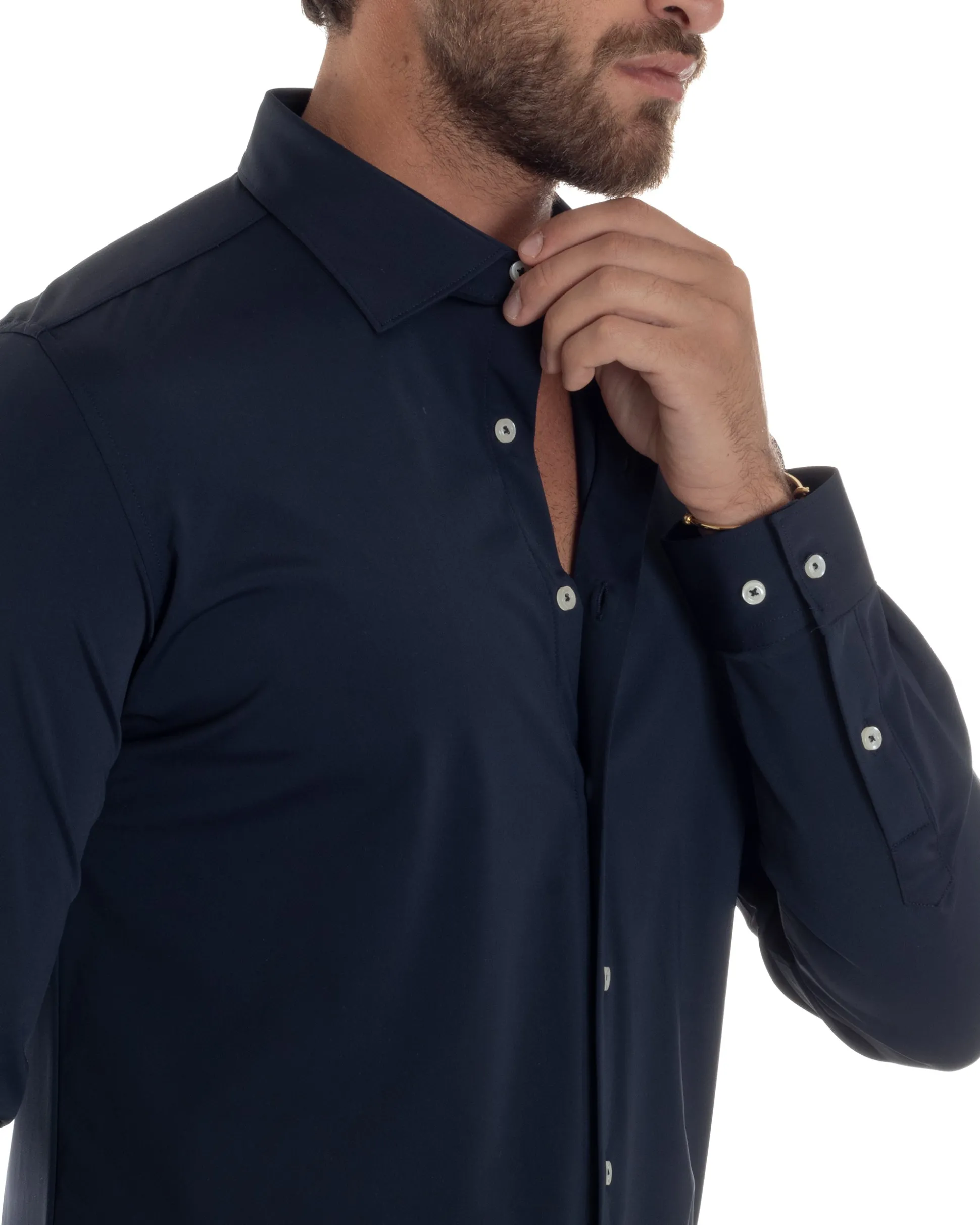 Camicia Uomo Tessuto No Stiro Basic Colletto Semi-Francese Slim Fit Morbida Blu C2963A