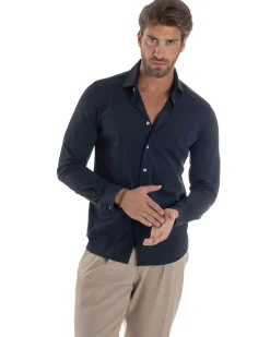 Camicia Uomo Tessuto No Stiro Basic Colletto Semi-Francese Slim Fit Morbida Blu C2963A