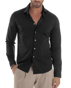 Camicia Uomo Tessuto No Stiro Basic Colletto Semi-Francese Slim Fit Morbida Nero C2964A