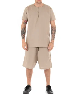 Camicia Uomo Tinta Unita Manica Corta Beige Serafino Girocollo Casual GIOSAL-CC1131A
