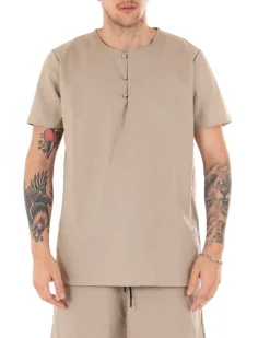 Camicia Uomo Tinta Unita Manica Corta Beige Serafino Girocollo Casual GIOSAL-CC1131A