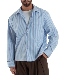 Camicia uomo unisex crop long sleeve boxy fit rigata celeste GIOSAL-C3081A