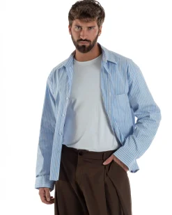 Camicia uomo unisex crop long sleeve boxy fit rigata celeste GIOSAL-C3081A