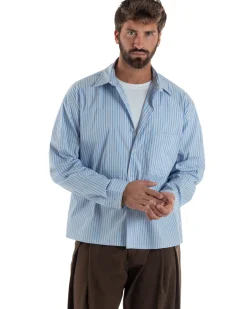 Camicia uomo unisex crop long sleeve boxy fit rigata celeste GIOSAL-C3081A
