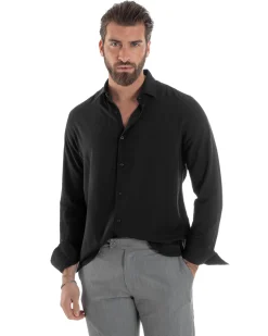 Camicia Uomo Viscosa Morbida Collo Francese Sartoriale Relaxed Fit Nero C2926A