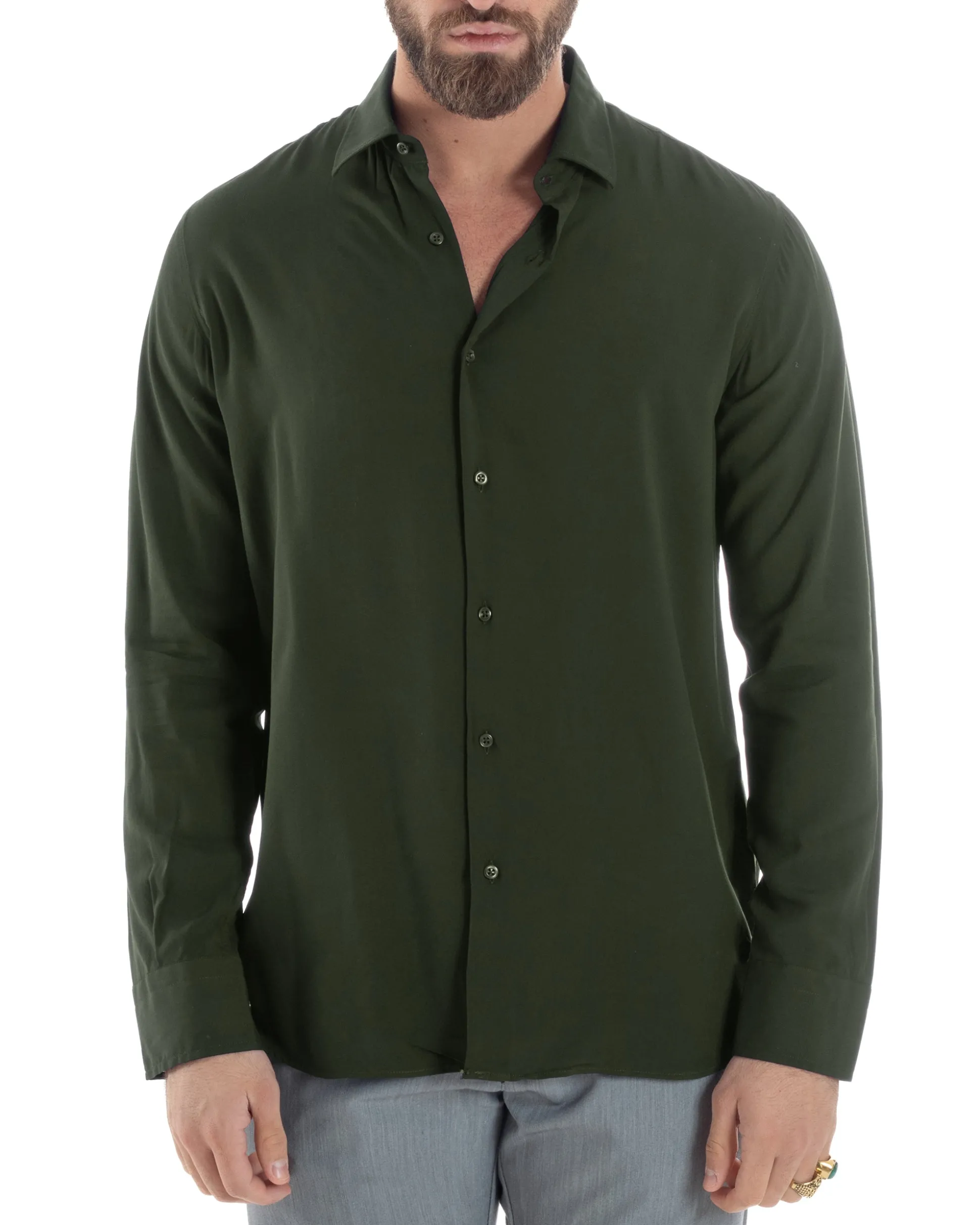 Camicia uomo viscosa morbida collo francese sartoriale relaxed fit verde militare GIOSAL-C3066A