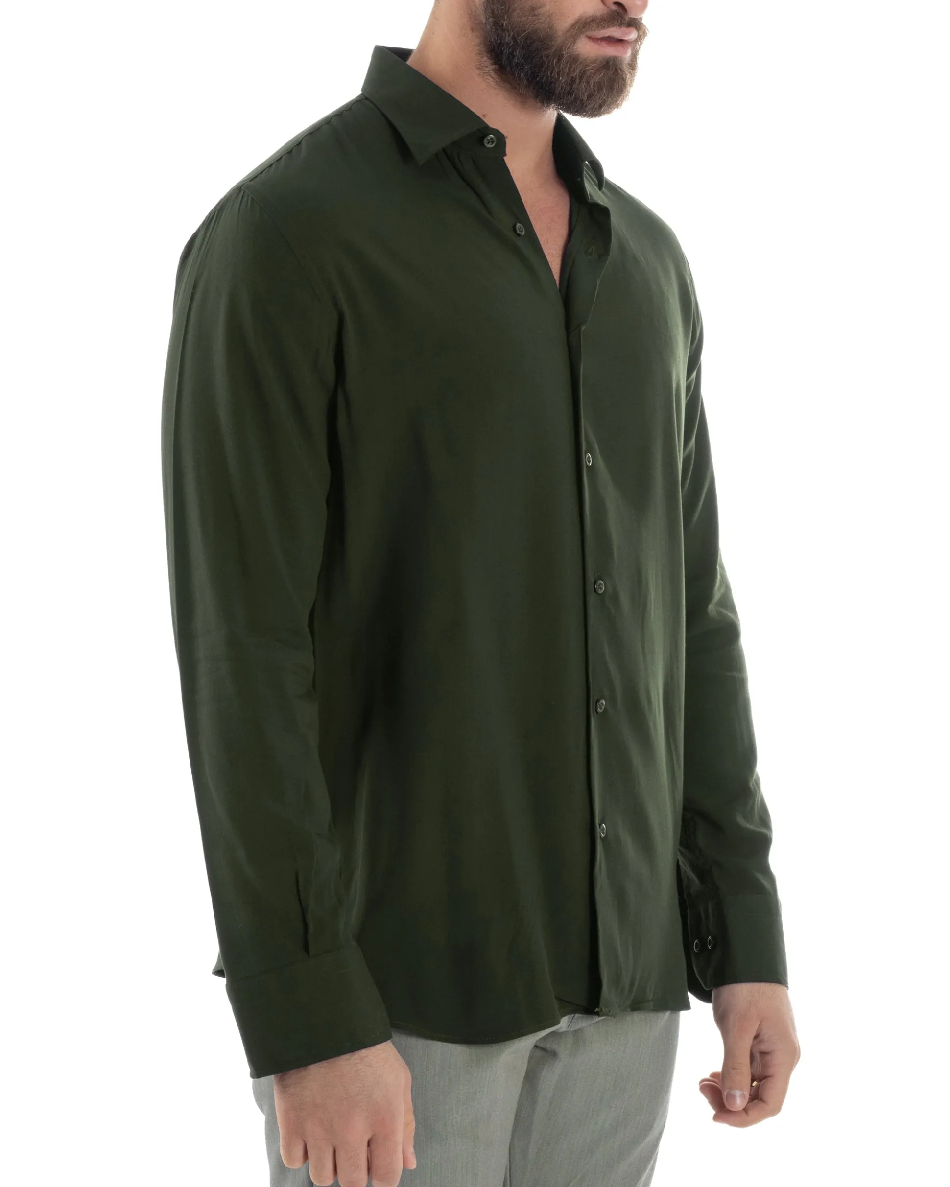 Camicia uomo viscosa morbida collo francese sartoriale relaxed fit verde militare GIOSAL-C3066A