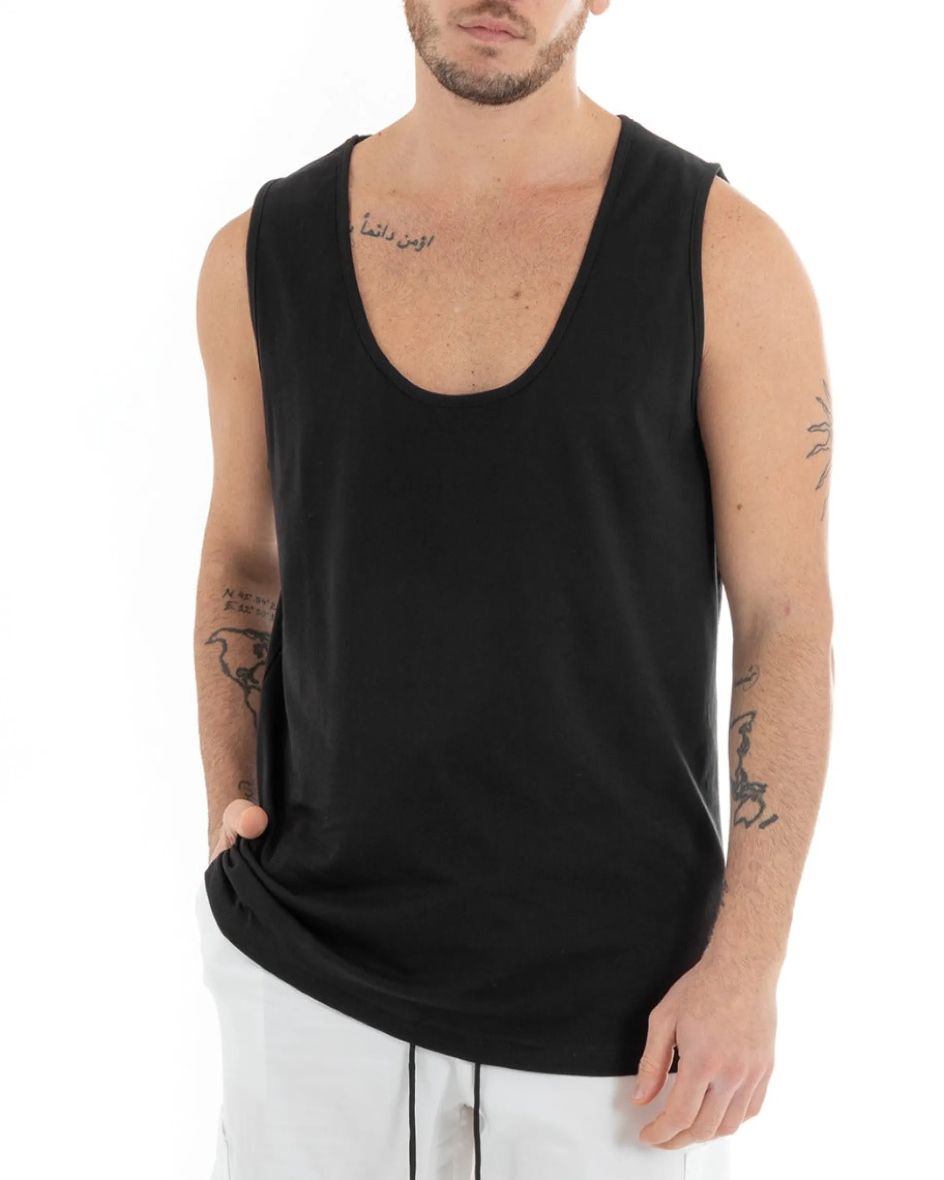 Canotta Uomo Canottiera T-Shirt Basic Casual Tinta Unita Nero GIOSAL-CN1074A