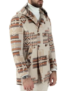 Cappotto Giacca Uomo Doppiopetto Giaccone Fantasia Etnica Beige Giubbotto GIOSAL-CO1032A