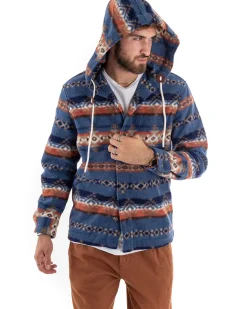 Cappotto Giubbotto Uomo Camicia Camicione Con Cappuccio Casual Fantasia Blu GIOSAL-G2924A