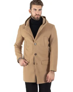 Cappotto Monopetto Uomo Giacca Giaccone Con Cappuccio Camel Baronetto Elegante GIOSAL-CO1006A