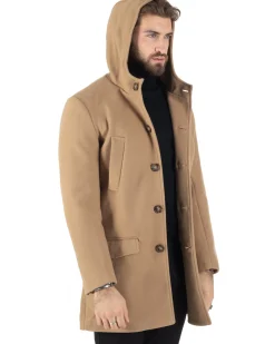 Cappotto Monopetto Uomo Giacca Giaccone Con Cappuccio Camel Baronetto Elegante GIOSAL-CO1006A