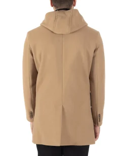 Cappotto Monopetto Uomo Giacca Giaccone Con Cappuccio Camel Baronetto Elegante GIOSAL-CO1006A