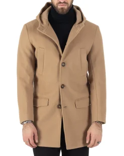 Cappotto Monopetto Uomo Giacca Giaccone Con Cappuccio Camel Baronetto Elegante GIOSAL-CO1006A