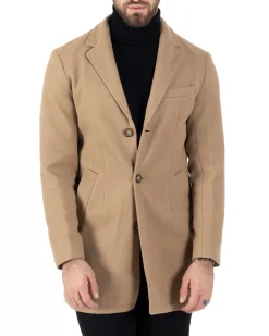 Cappotto Monopetto Uomo Giacca Colletto Rever Giaccone Tinta Unita Camel Baronetto Elegante GIOSAL-CO1001A