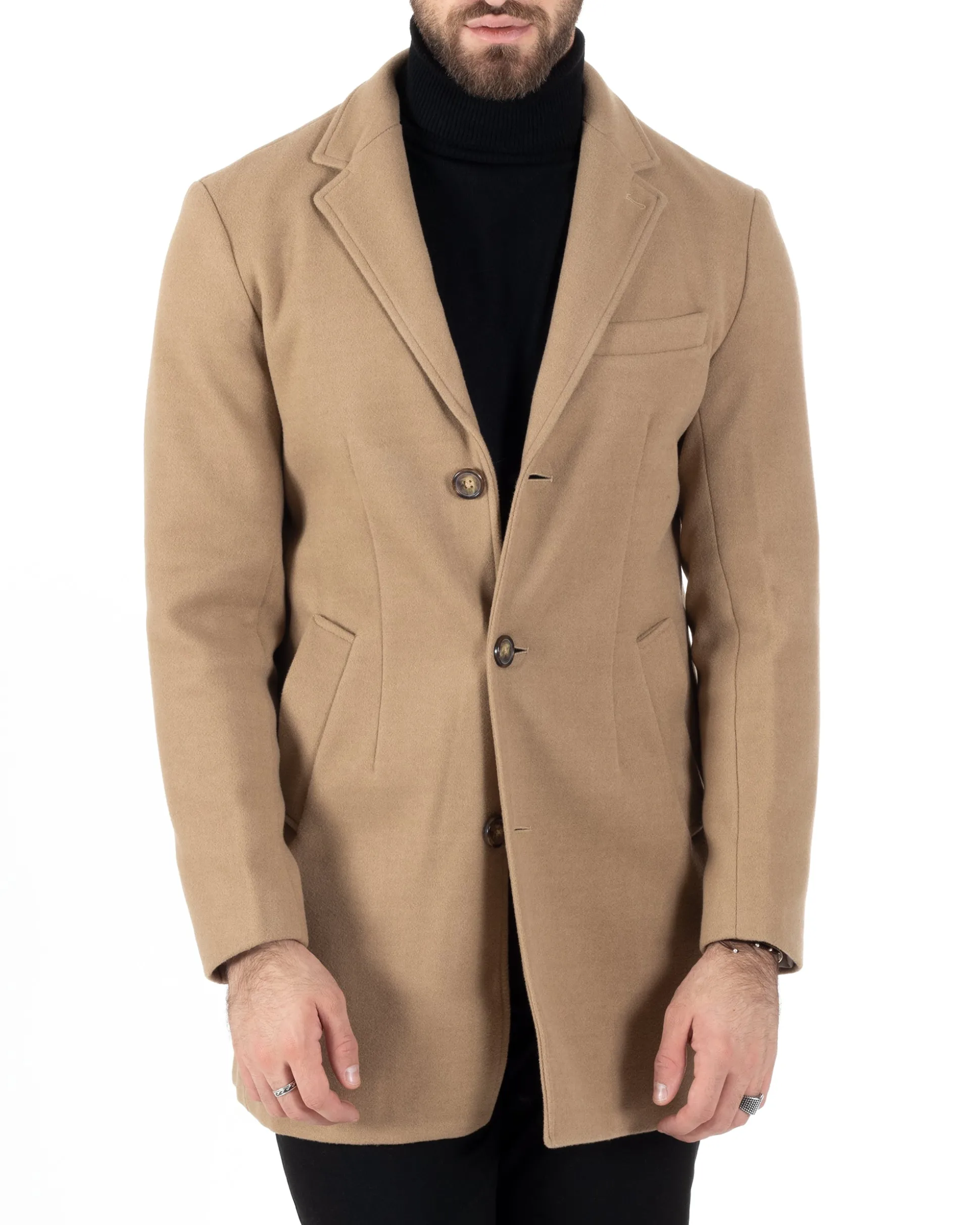Cappotto Monopetto Uomo Giacca Colletto Rever Giaccone Tinta Unita Camel Baronetto Elegante GIOSAL-CO1001A