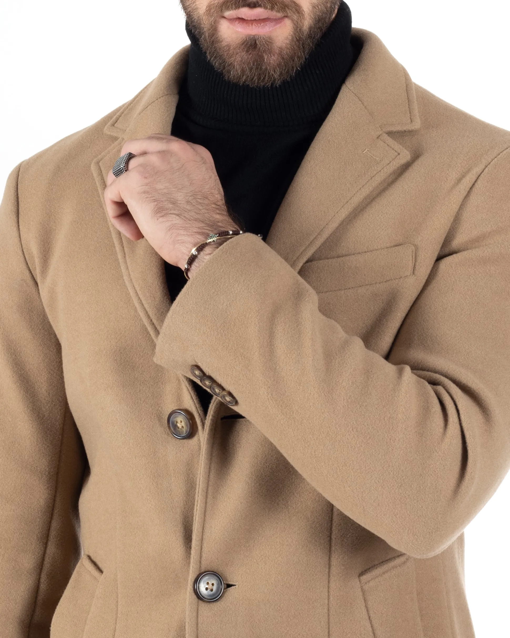 Cappotto Monopetto Uomo Giacca Colletto Rever Giaccone Tinta Unita Camel Baronetto Elegante GIOSAL-CO1001A