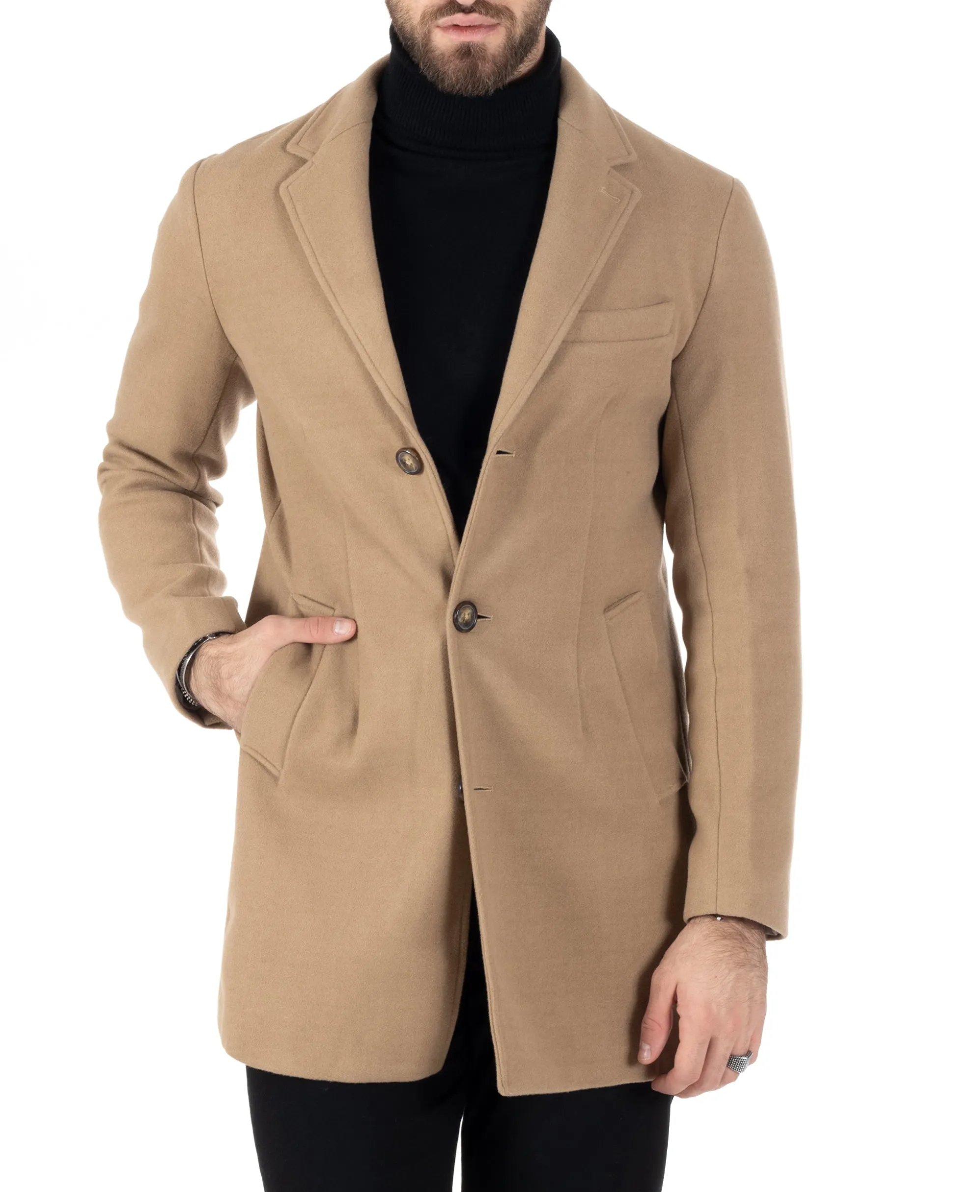 Cappotto Monopetto Uomo Giacca Colletto Rever Giaccone Tinta Unita Camel Baronetto Elegante GIOSAL-CO1001A