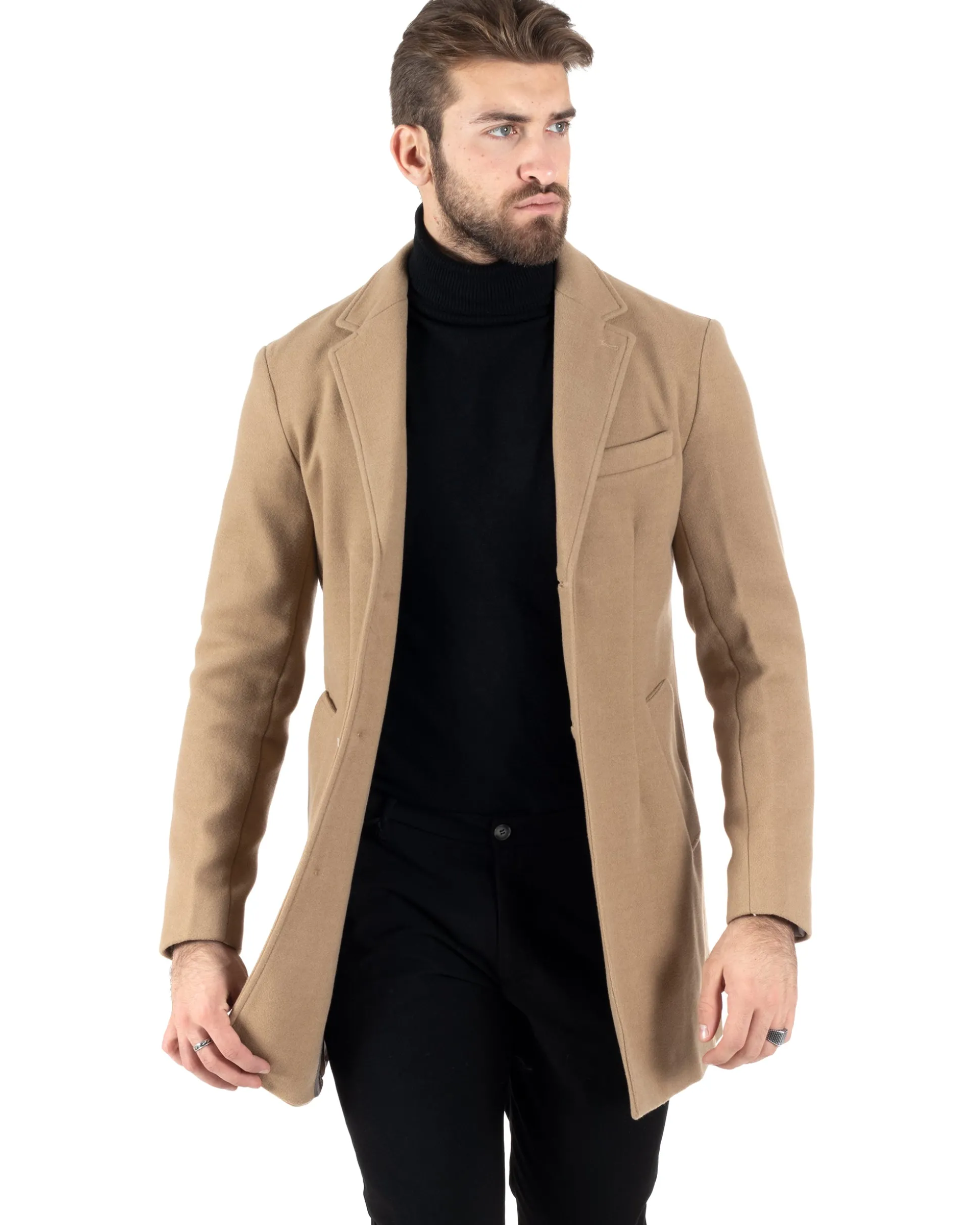 Cappotto Monopetto Uomo Giacca Colletto Rever Giaccone Tinta Unita Camel Baronetto Elegante GIOSAL-CO1001A