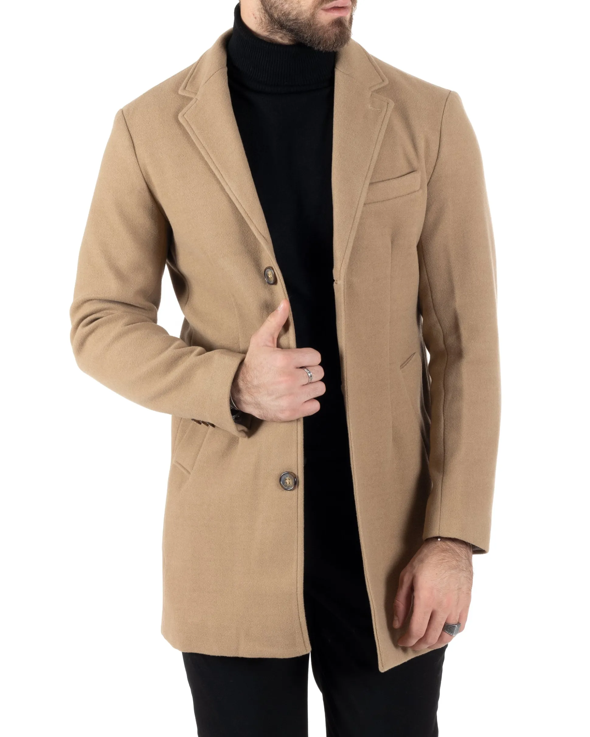 Cappotto Monopetto Uomo Giacca Colletto Rever Giaccone Tinta Unita Camel Baronetto Elegante GIOSAL-CO1001A
