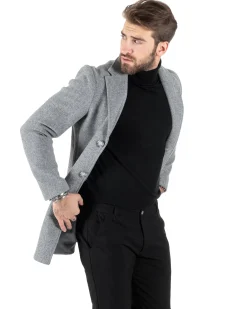 Cappotto Monopetto Uomo Giacca Colletto Rever Giaccone Tinta Unita Grigio Baronetto Elegante GIOSAL-CO1003A